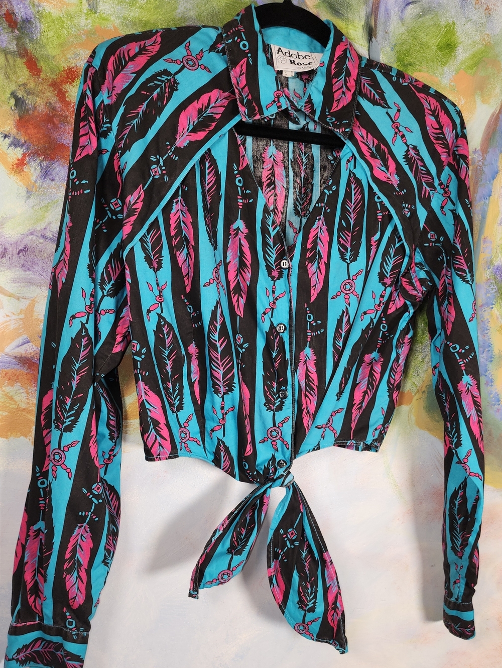 Vintage Adobe Rose Turquoise & Pink Feather Tie-Front Button-Down Cowgirl Blouse